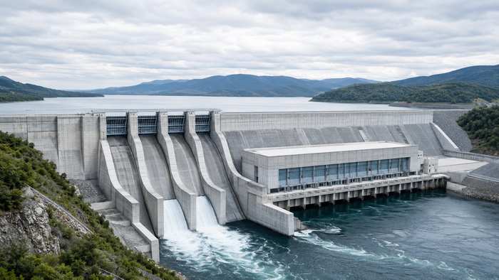 Бетонная плотина гидроэлектростанции с открытыми водосбросами и зданием машинного зала
